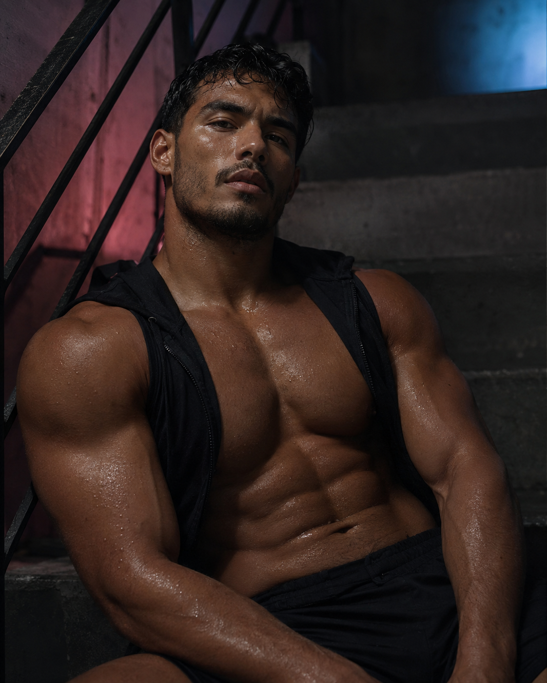 A man in an open black vest sitting on stairs under pink light.