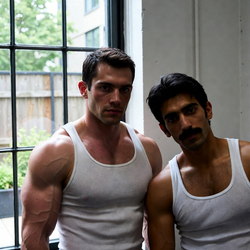 Two men in white tank tops standing together by a window.