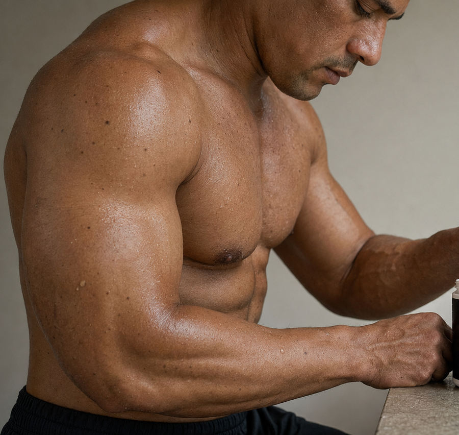 Close crop of a man's arm and shoulder as he leans on a surface.