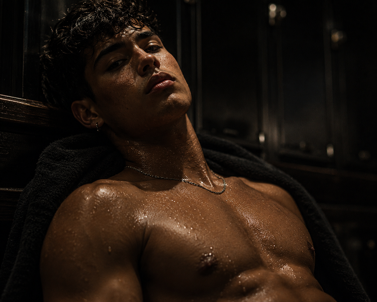 A man lying back with a towel, sweat-lit, head tilted away.