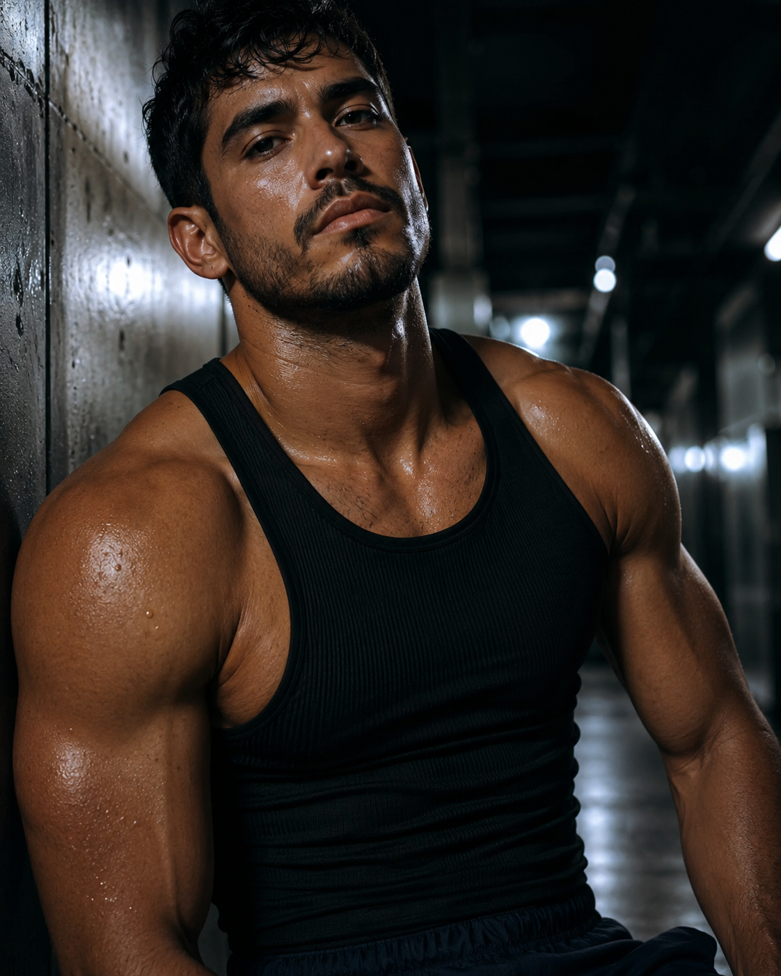A man in a black tank top in a dim corridor, hair wet.