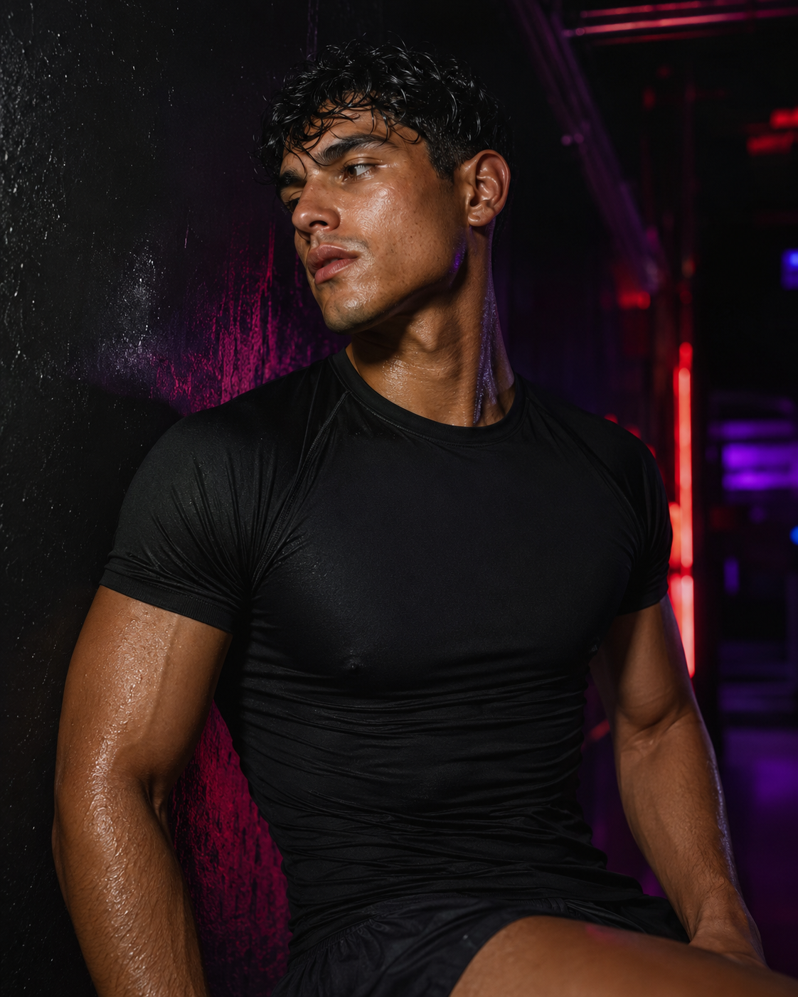 A man in a dark fitted tee under pink and blue neon, rain-lit.