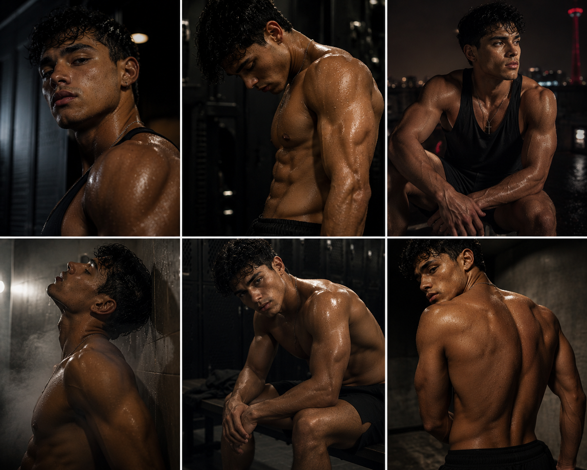 A grid of six gym shots of a man with wet skin.