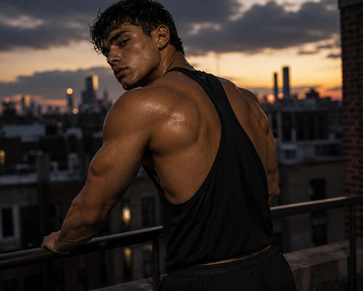 A man in a black tank on a rooftop at sunset, leaning on a railing.