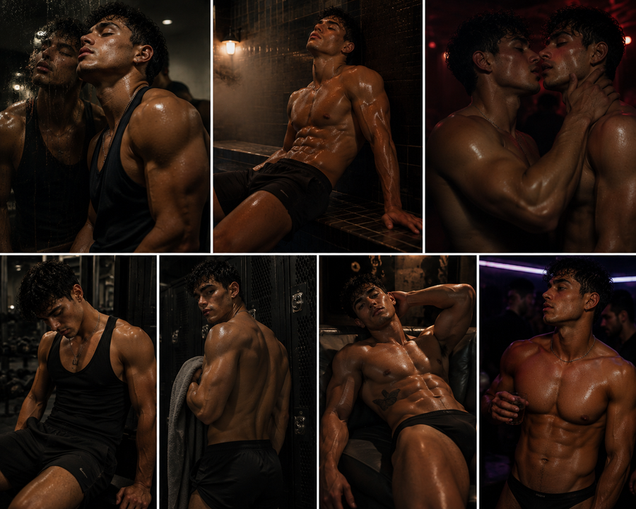A grid of six shots of men in tank tops and shorts.