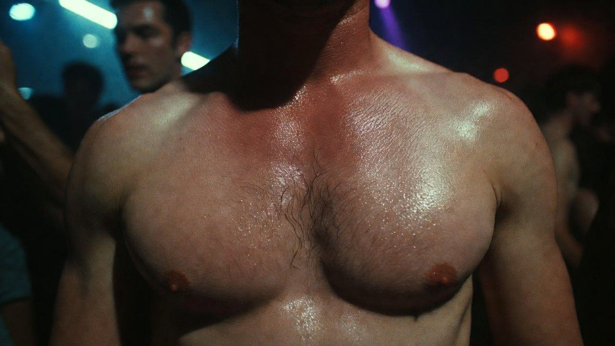 A sweat-lit bare chest in a crowded club, lights behind.