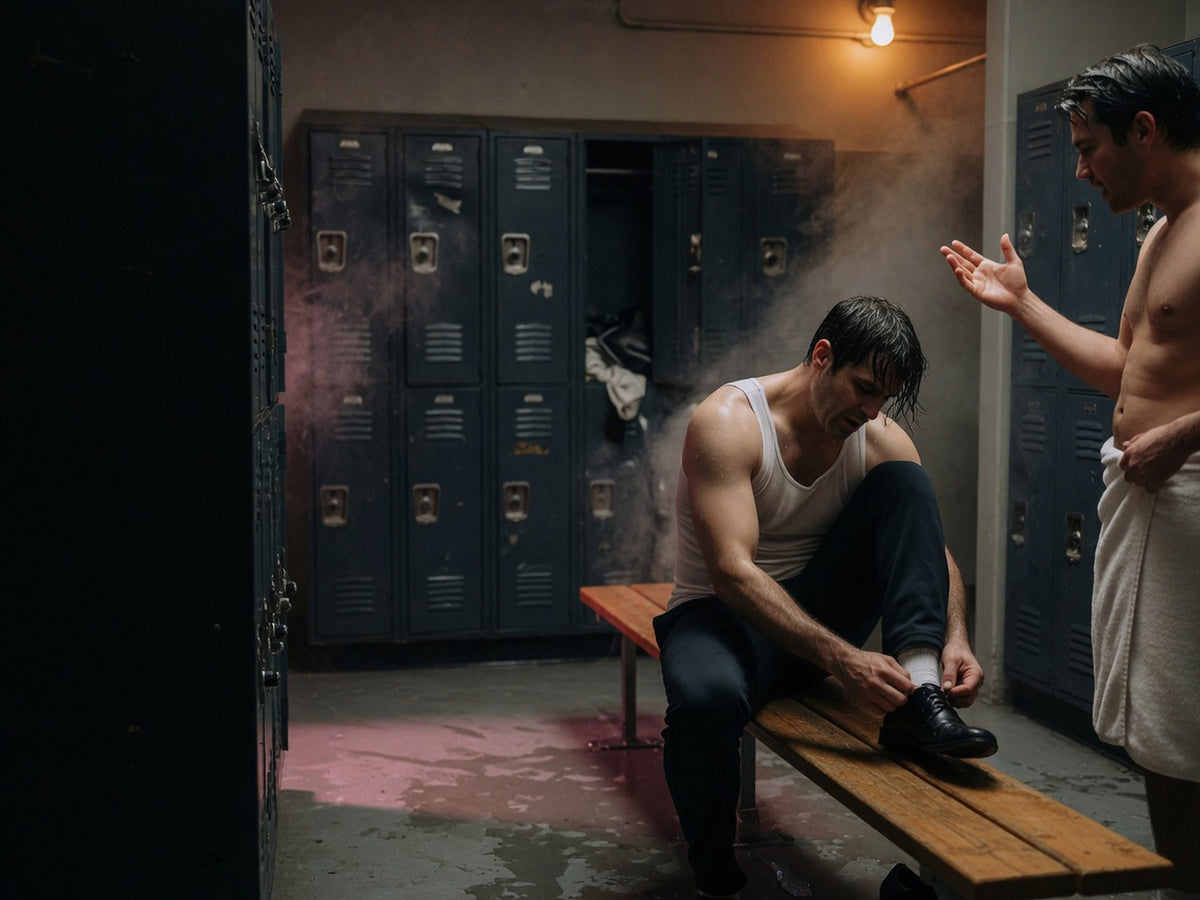 A man on a locker-room bench tying his shoes while another man in a towel stands over him, mid-explanation, one hand raised.