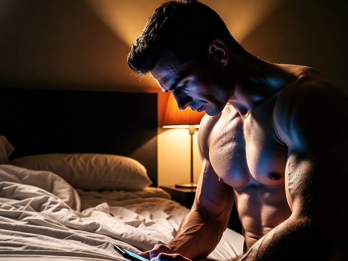 A man on the edge of a bed at night, lit blue by the phone in his hands, a lamp glowing behind him.