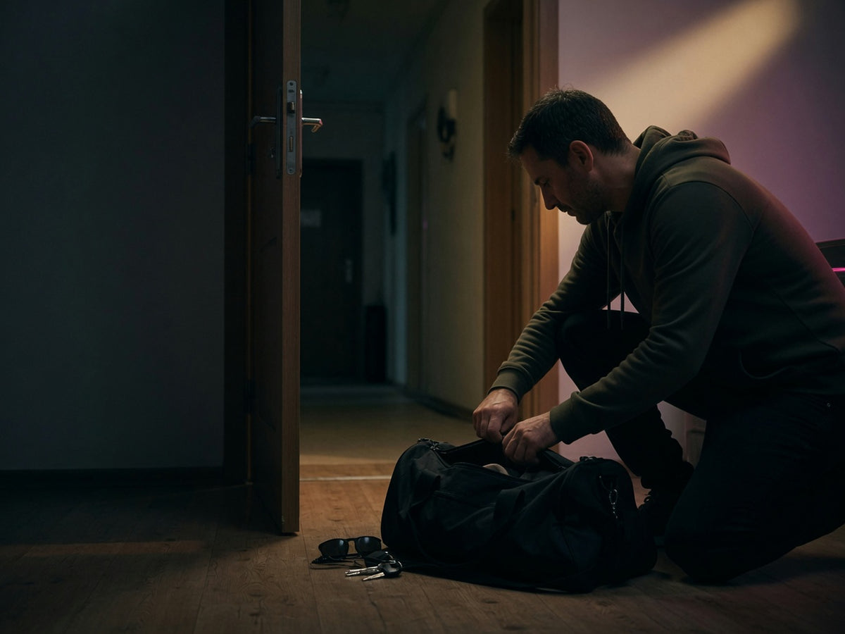 A man crouched by an open front door at dusk, zipping a black duffel bag, keys and sunglasses on the floor.
