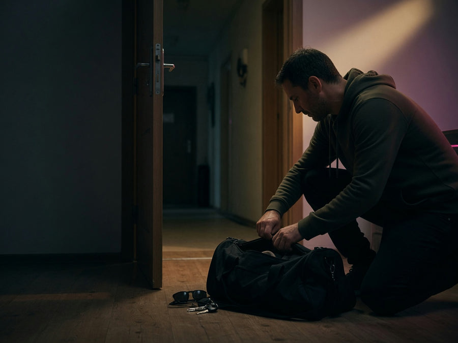 A man crouched by an open front door at dusk, zipping a black duffel bag, keys and sunglasses on the floor.