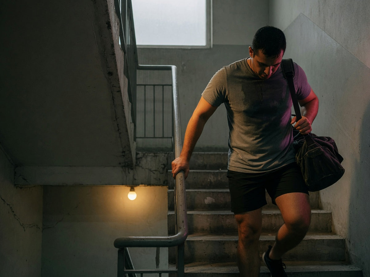 A man in a grey t-shirt pausing on a concrete stairwell, a gym bag on his shoulder and a hand on the rail.