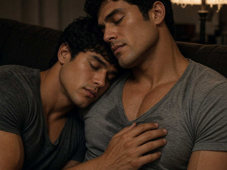 Two men asleep on a sofa under a lamp, one's head on the other's shoulder, a hand resting on his chest.