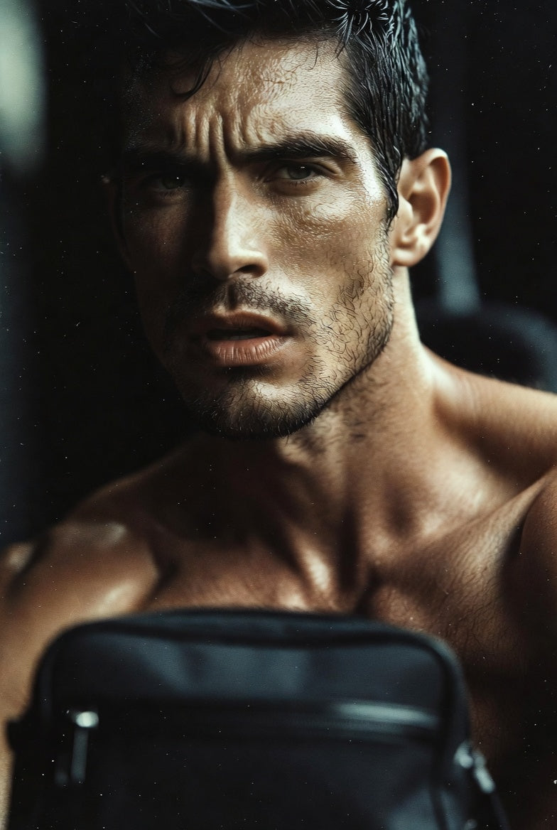 Shirtless man with wet hair and a bag strap across his chest, looking at the camera in low light.