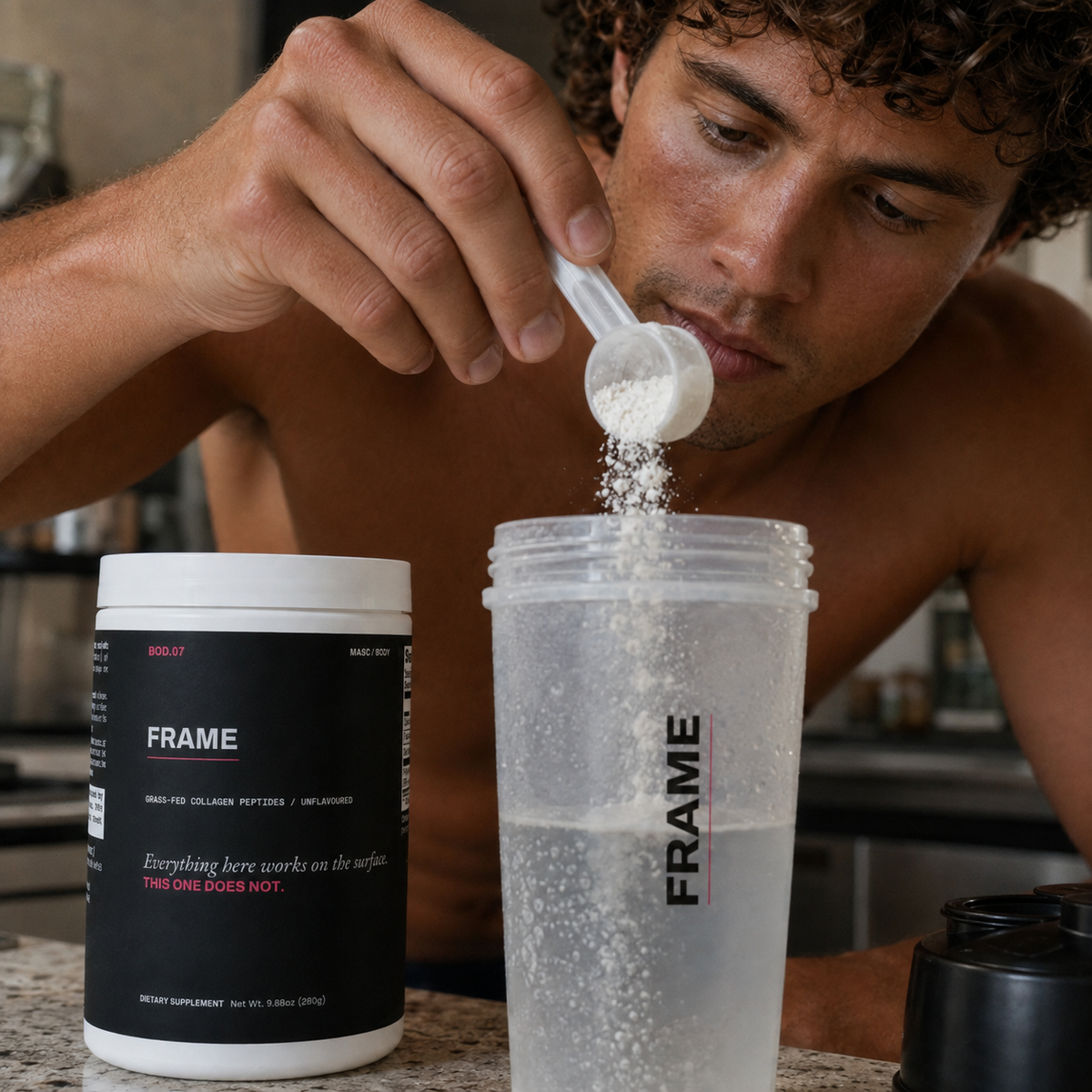 MASC/BODY FRAME grass-fed collagen peptides — scooping into a shaker