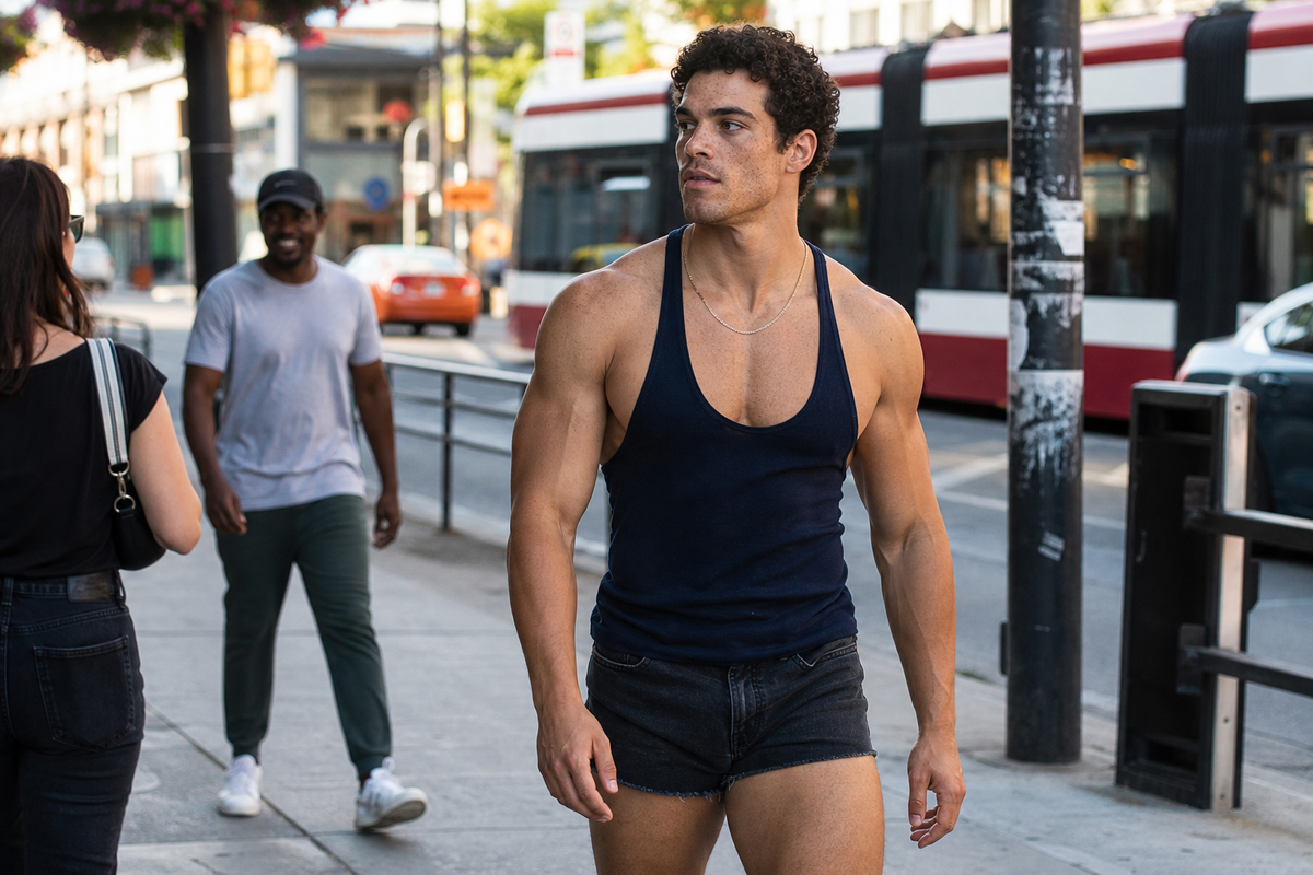 A man in a navy tank top walking a city street in daylight, streetcar passing behind him.