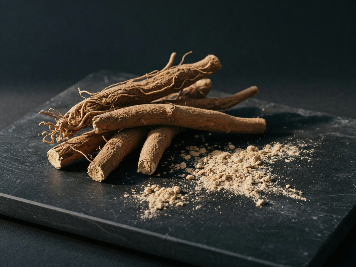 Dry tan-brown ashwagandha roots, woody and fibrous.