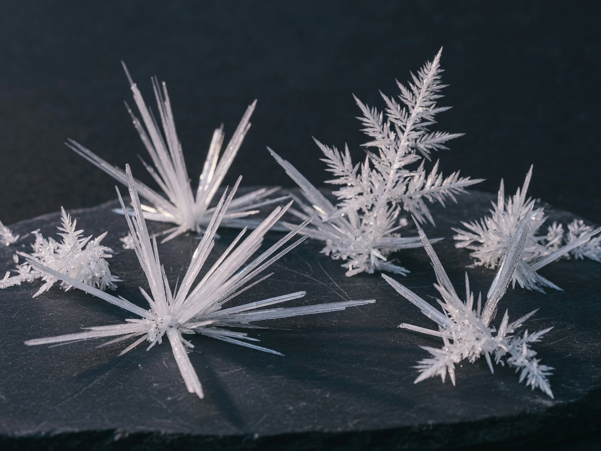 Long white needle crystals radiating like hoarfrost.