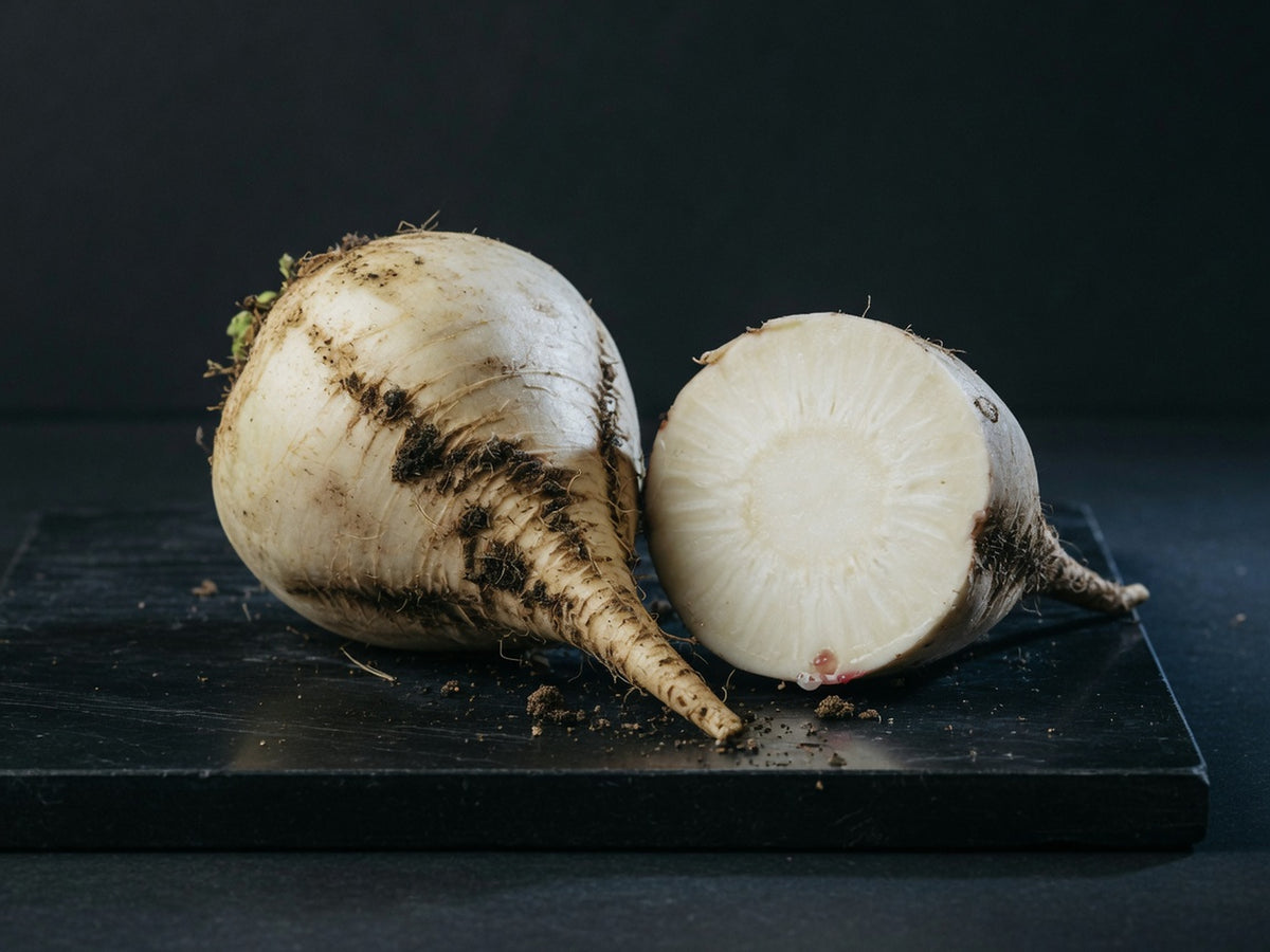 A sugar beet with its long taproot, beside one halved to show white rings.