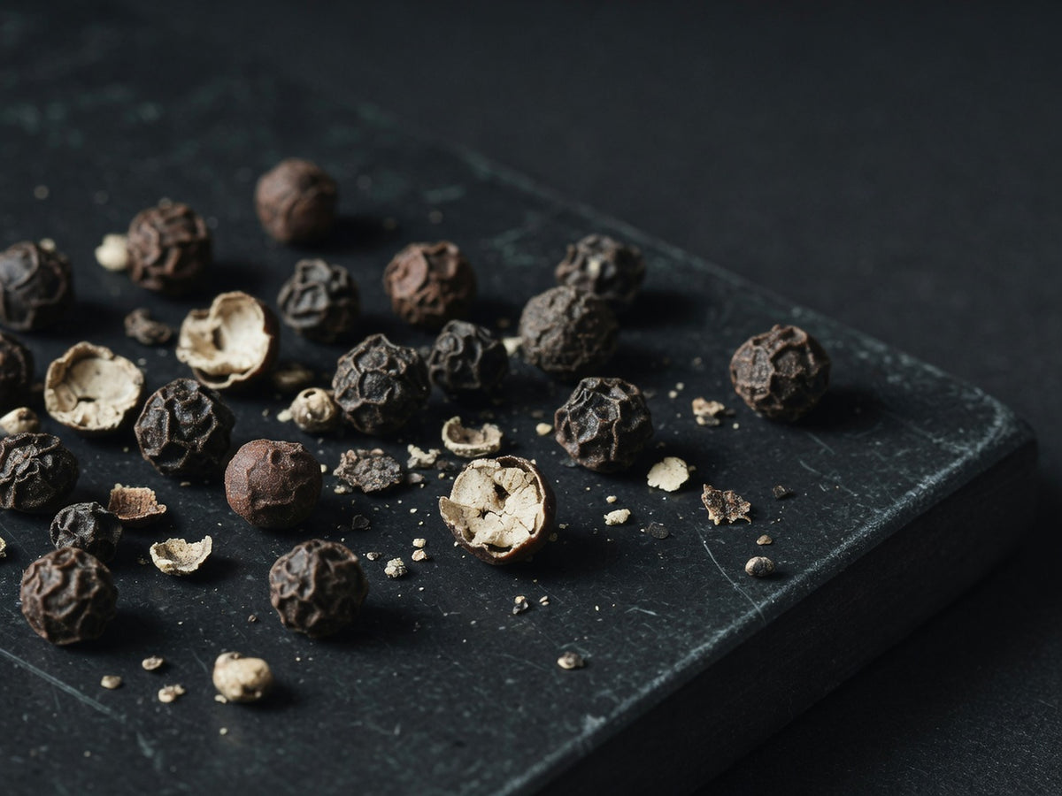 Black peppercorns, some cracked open to show pale interiors.