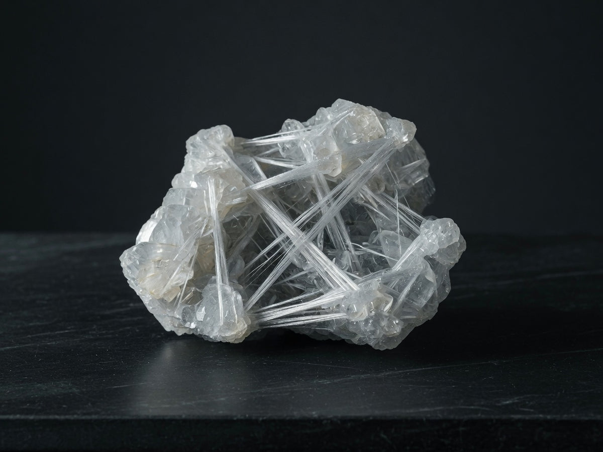 A cluster of translucent white borate crystal with silky fibres running through it.