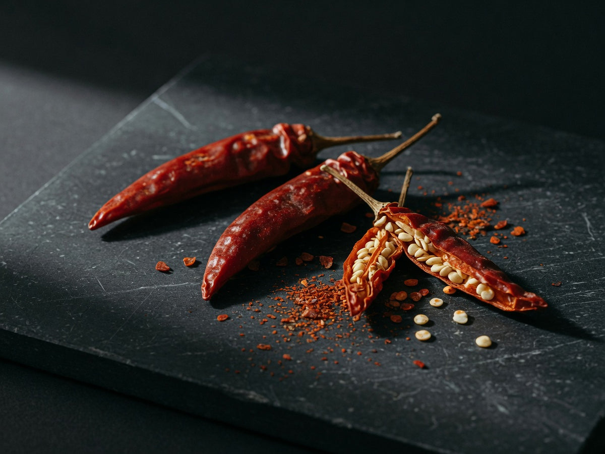 Three dried red cayenne chillies, one split open to show its seeds, with a scatter of ground cayenne.
