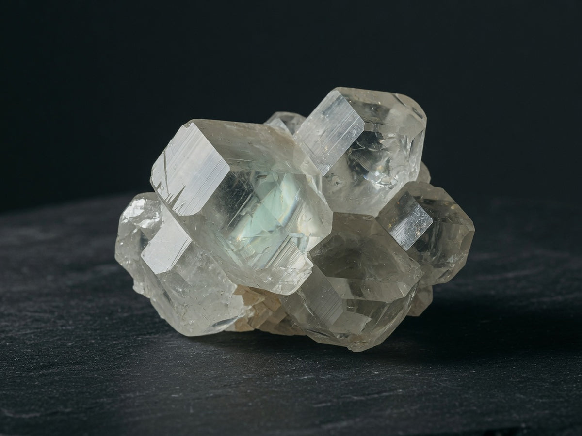 A cluster of translucent geometric crystals, like optical calcite.
