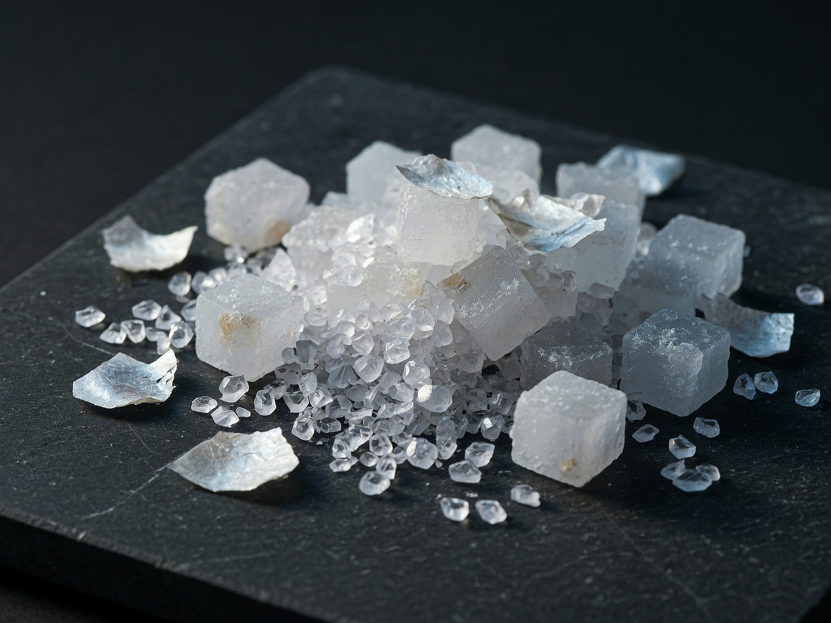 Mixed mineral crystals: coarse sea-salt cubes, translucent potassium and pale magnesium flakes.