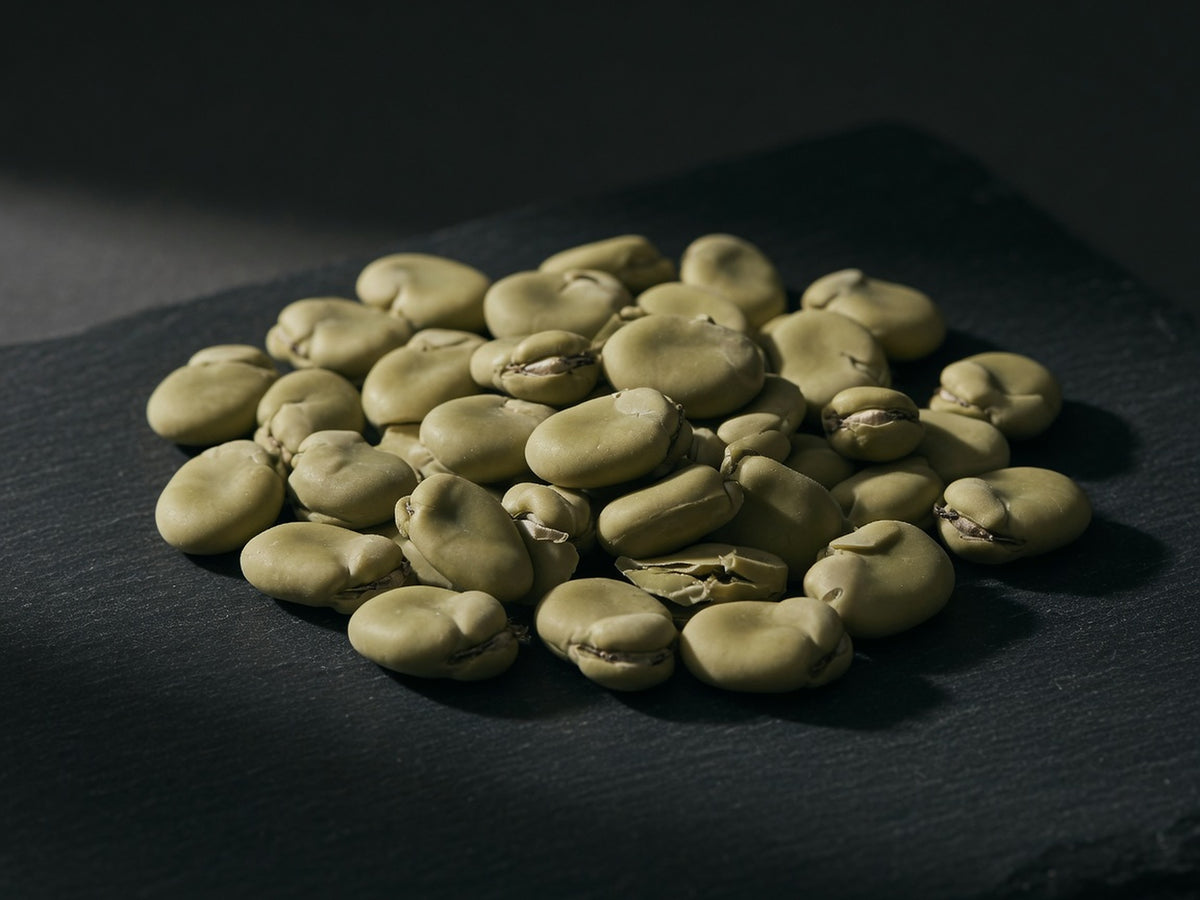 A cluster of dried split fava beans, matte khaki and double-lobed.