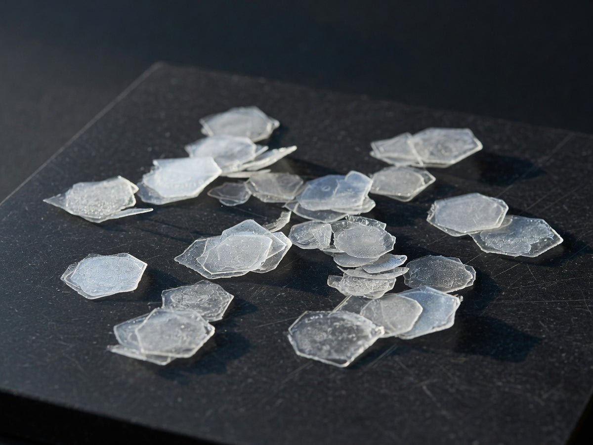 A scatter of thin hexagonal crystal plates, translucent and pale.