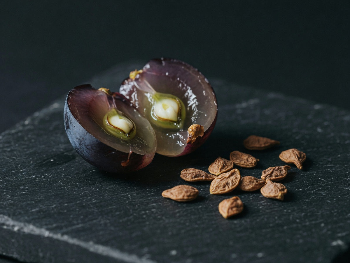 A dark grape split open to show its pale seeds, dry brown seeds scattered beside it.