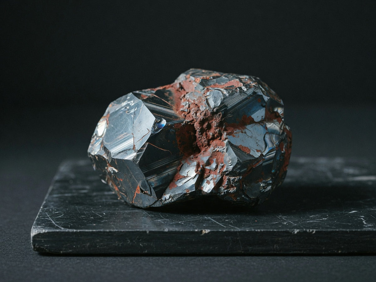 A heavy hematite ore specimen with metallic blue-grey lustre and rust-red patina.
