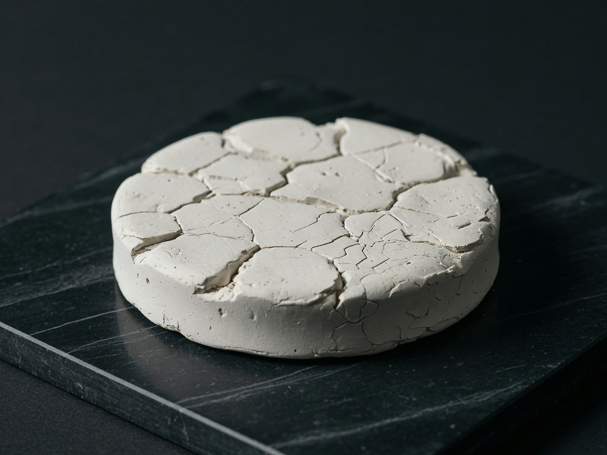 A sculpted disk of white kaolin clay, cracked and matte like sun-dried earth.