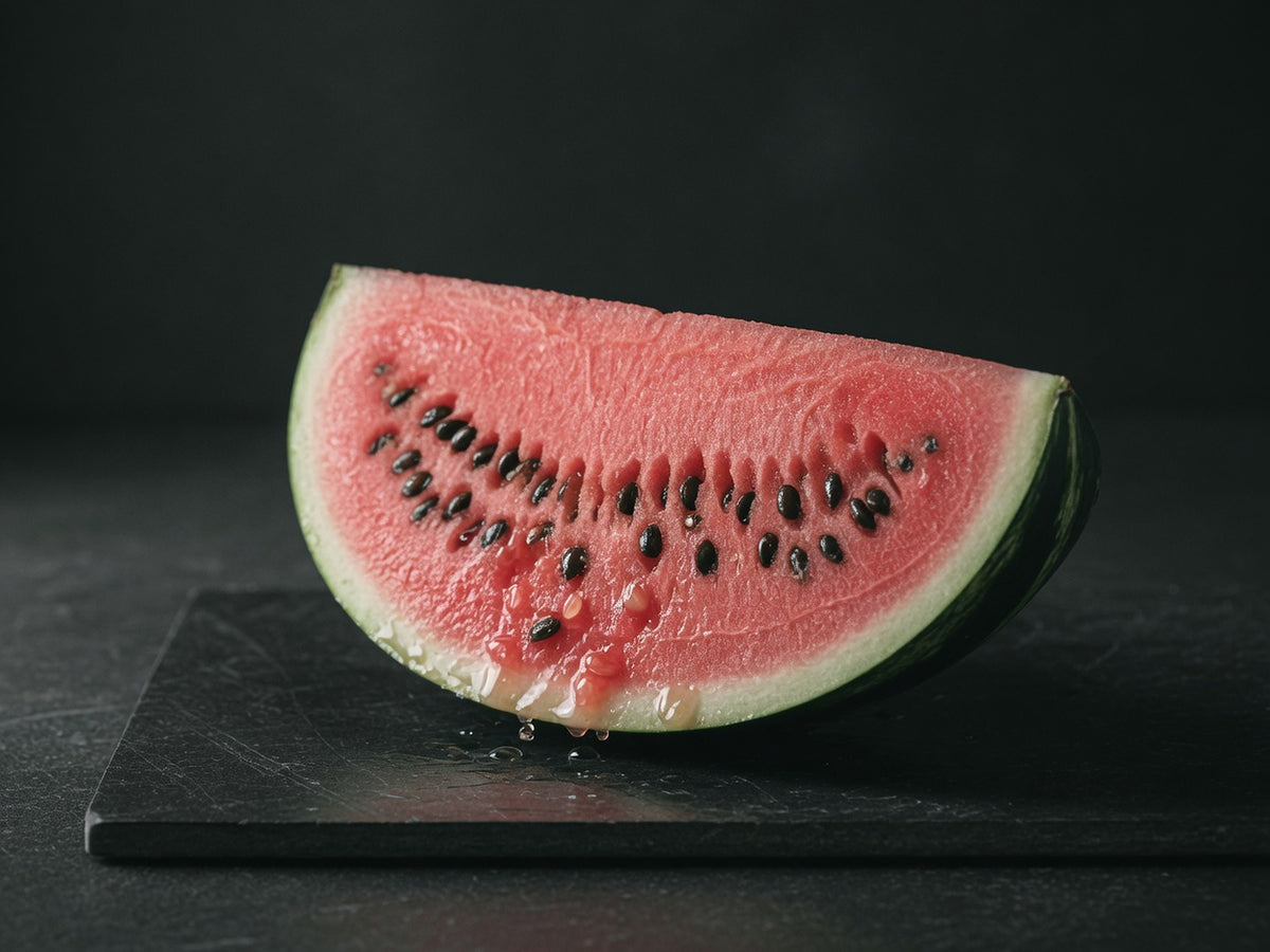 A thick wedge of ripe watermelon, cut face forward, with black seeds and juice beads.