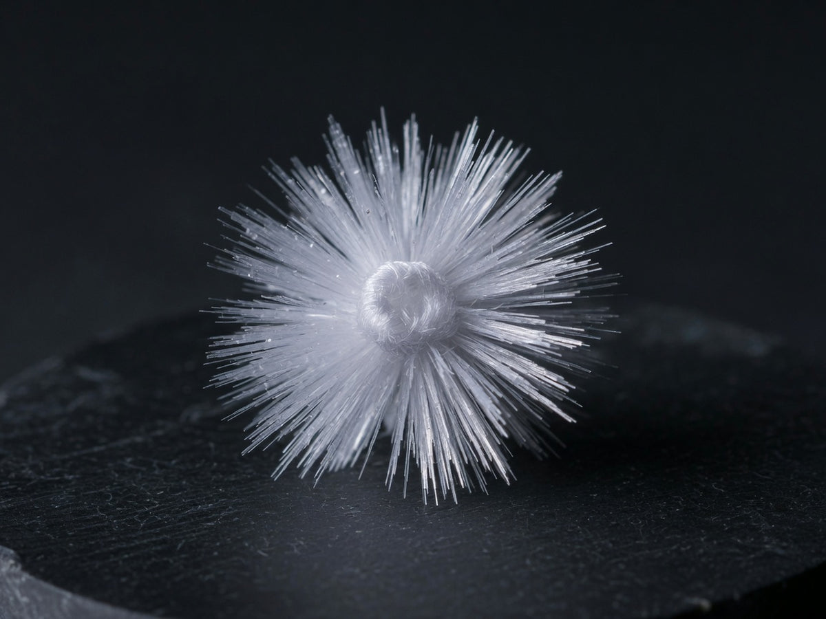 A dense spherical burst of fine white needle crystals.