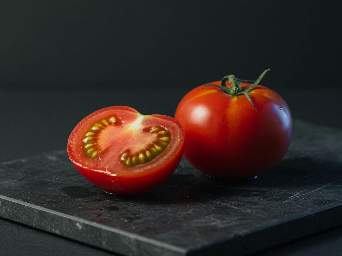 A tomato cut in half beside a whole one, seeds glistening in the cut face.