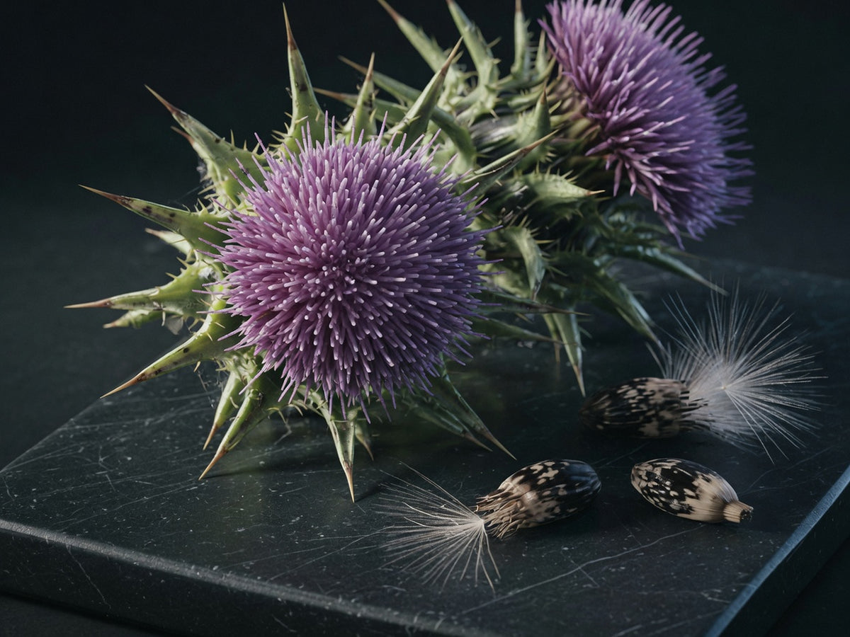 Purple thistle flower heads with spiny green bracts and mottled seeds.