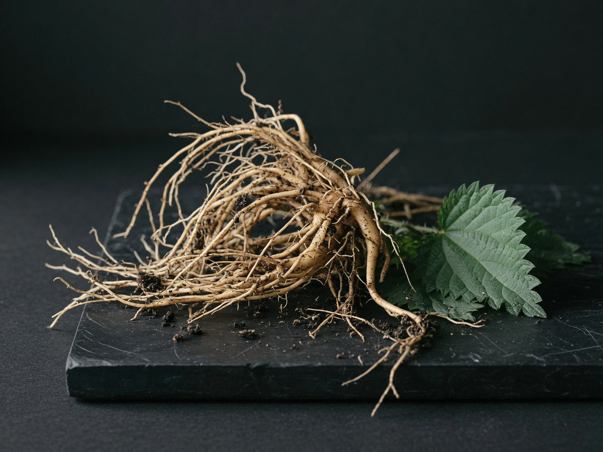 A cluster of pale nettle roots with soil still clinging, one serrated leaf beside them.