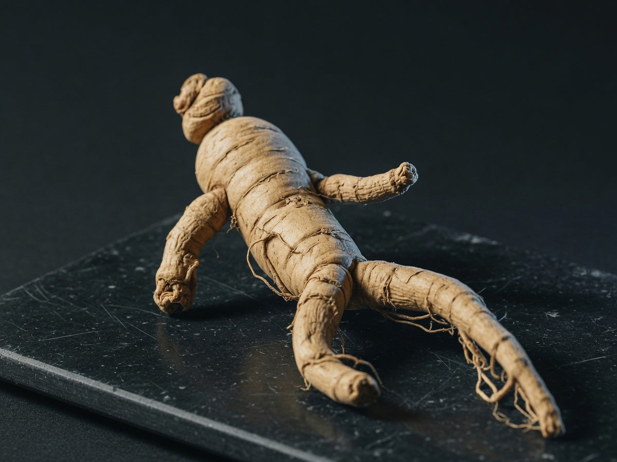 A pale tan forked ginseng root, gnarled and woody.