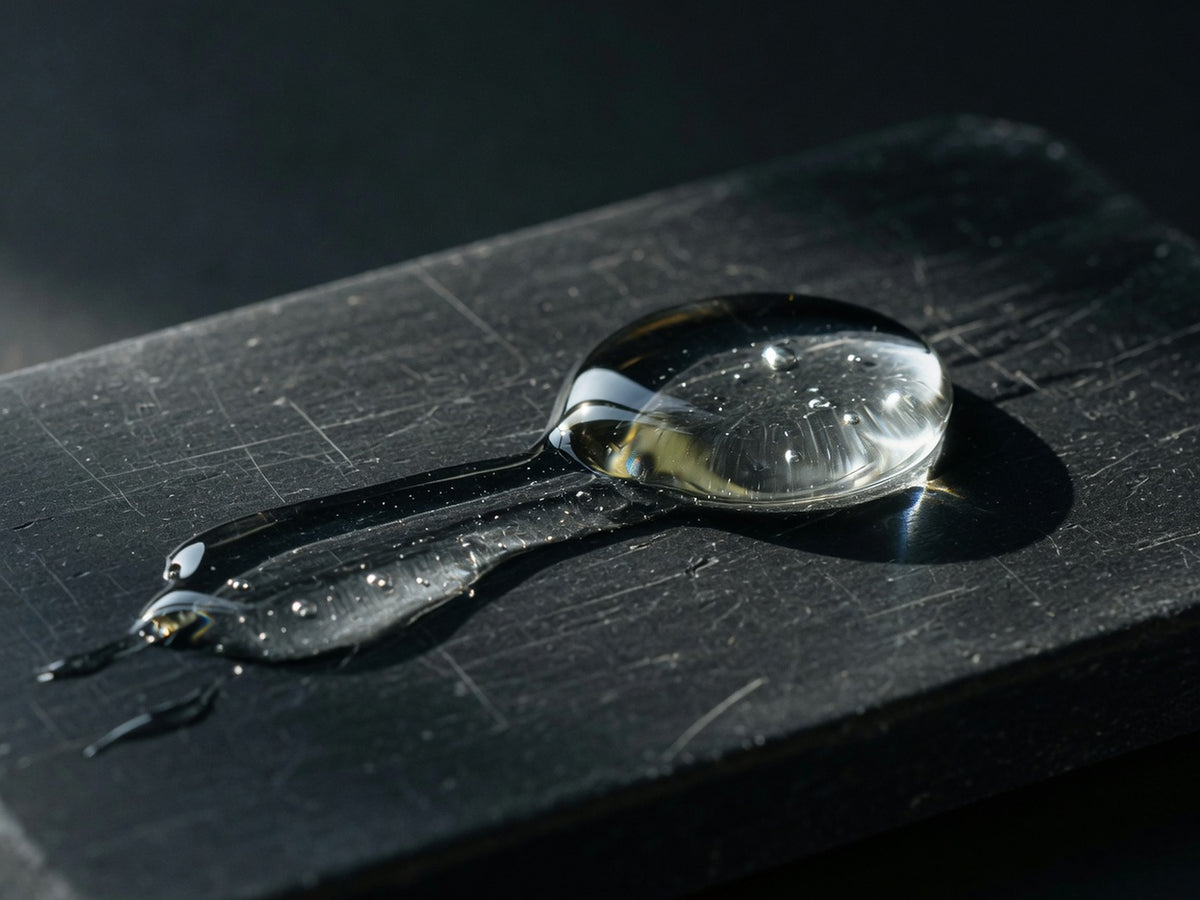 A glossy colourless droplet and trail of clear viscous syrup.