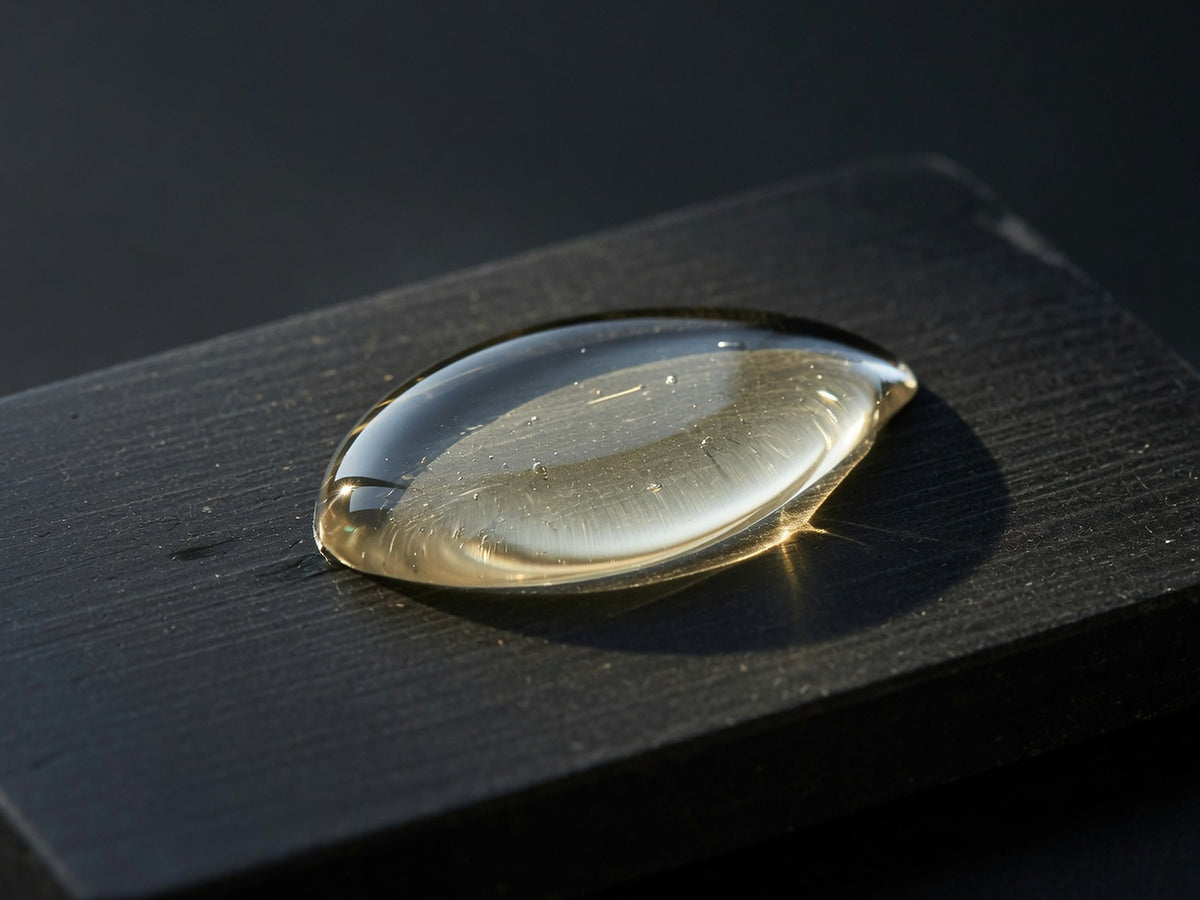 A single large glossy droplet of pale champagne-clear serum.