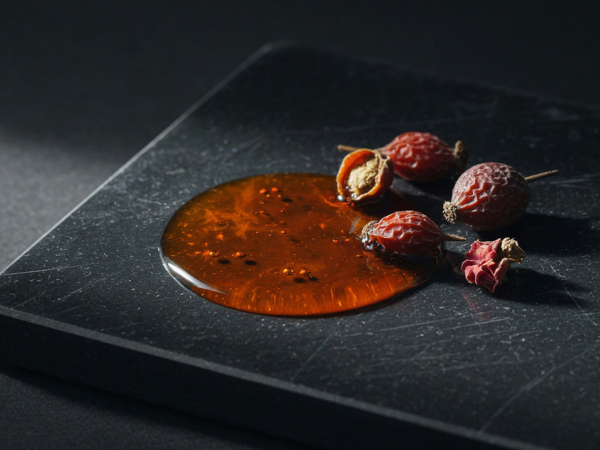 A pool of deep orange-amber rosehip oil beside a few dried red rosehips.
