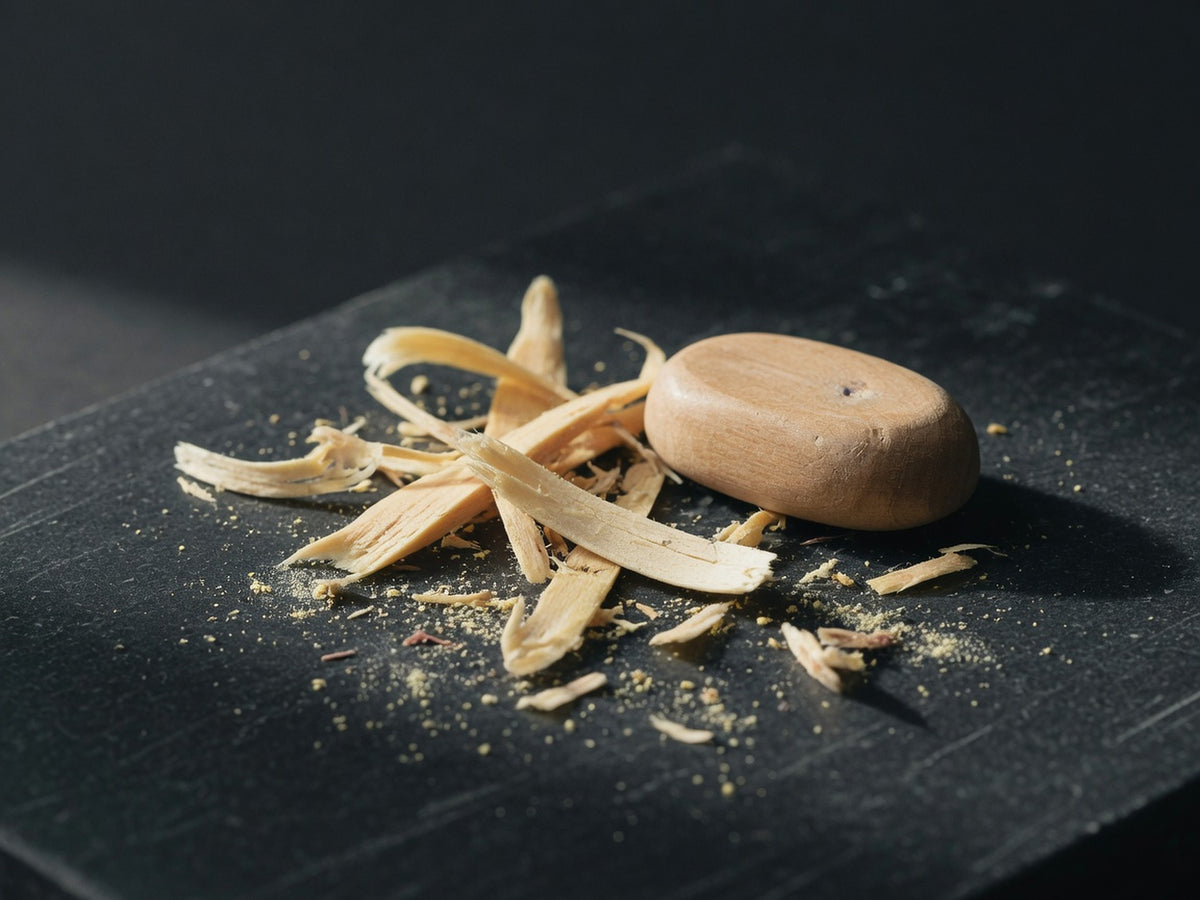 Pale creamy-yellow sandalwood shavings and a smooth piece of the wood.