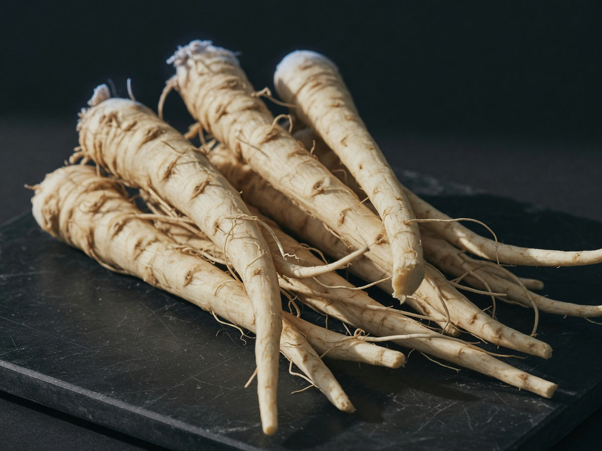 Pale cream tapering shatavari roots, clustered, dry and fibrous.