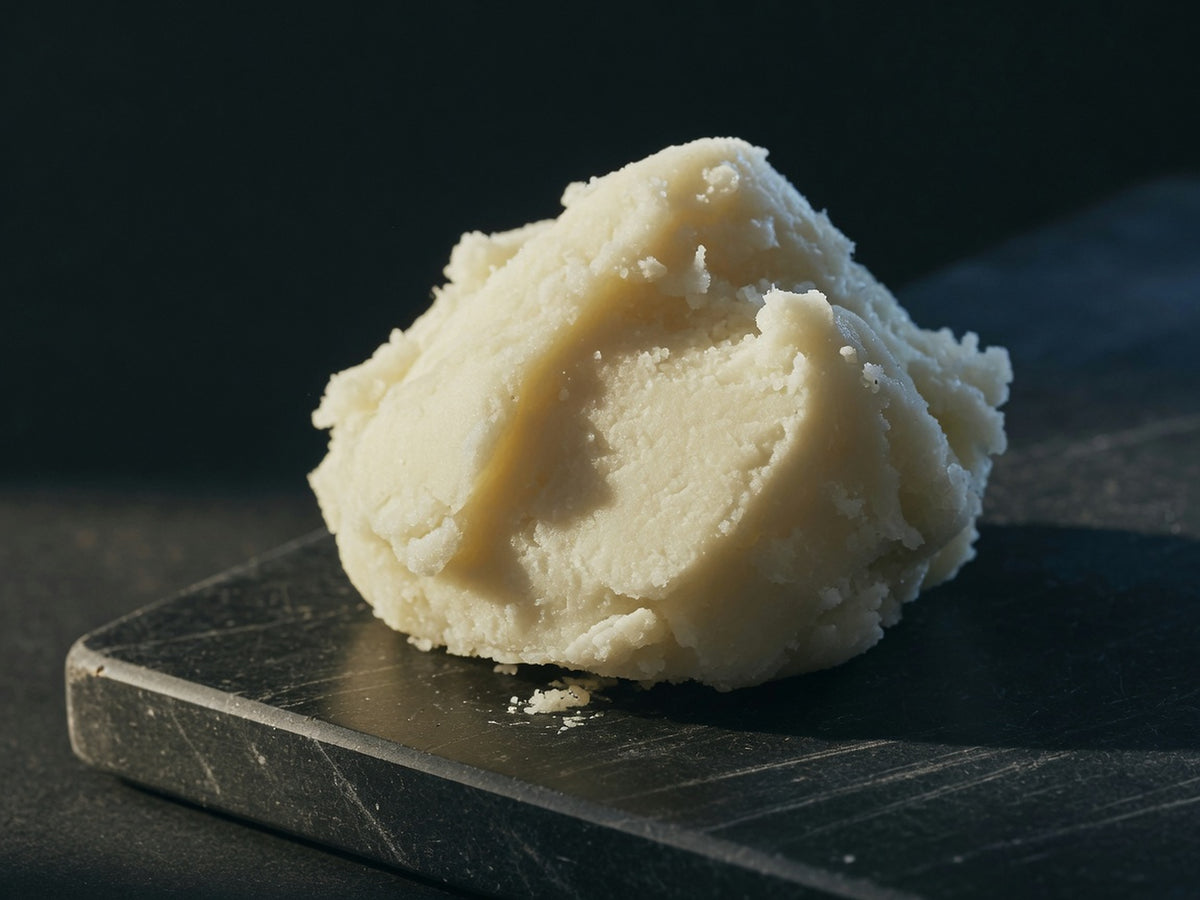 A sculptural knob of dense ivory-cream unrefined shea butter.