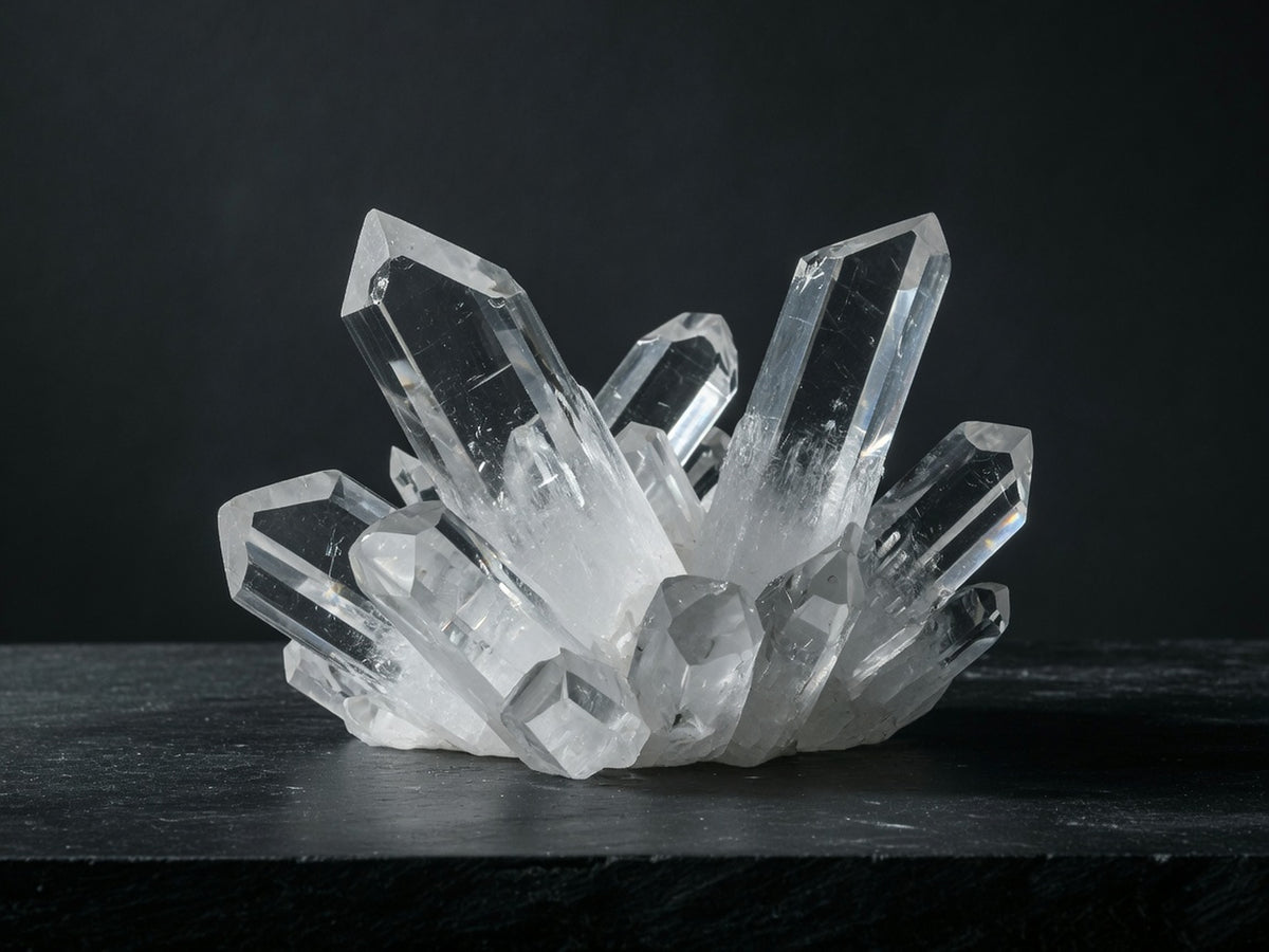 A cluster of large glassy colourless prismatic crystals with sharp faces.