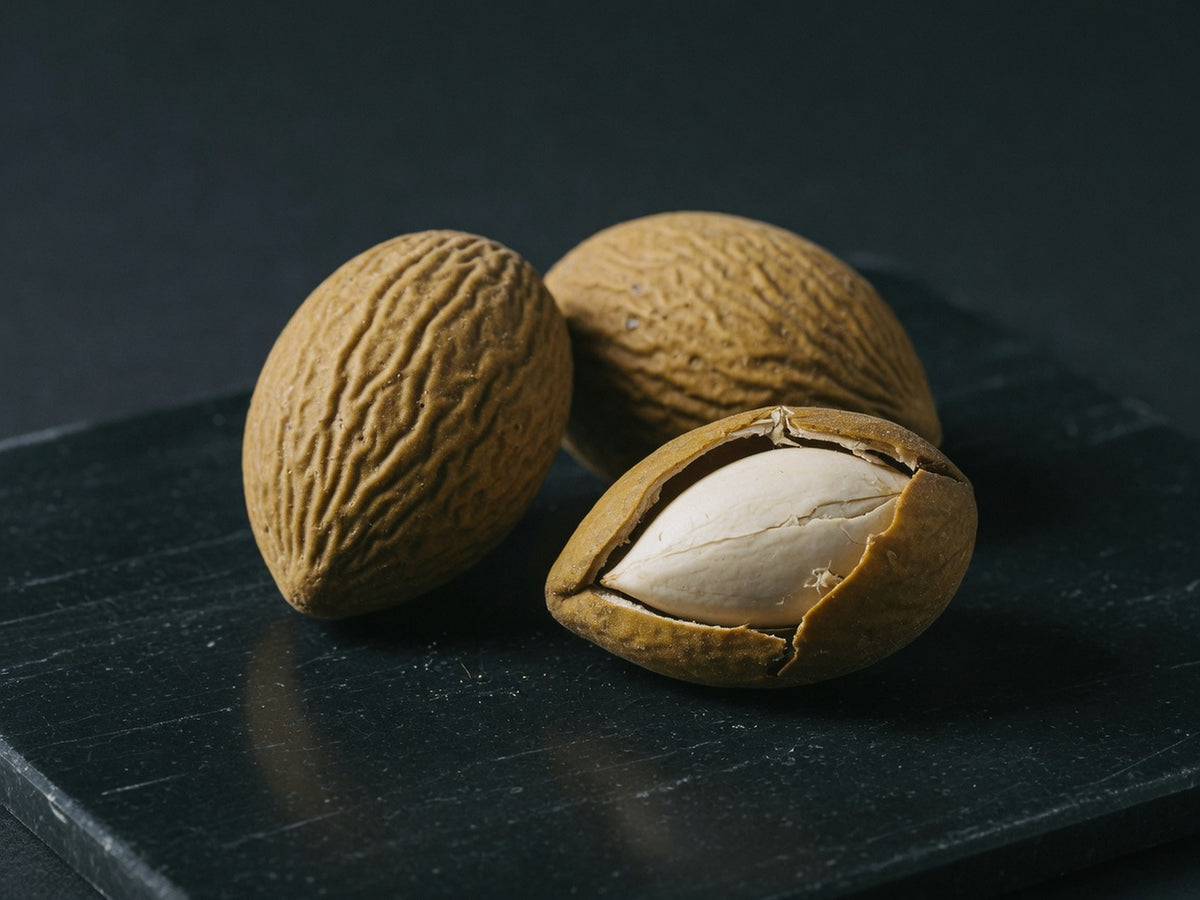 Three wrinkled tan haritaki fruits, one split to show the pale stone.