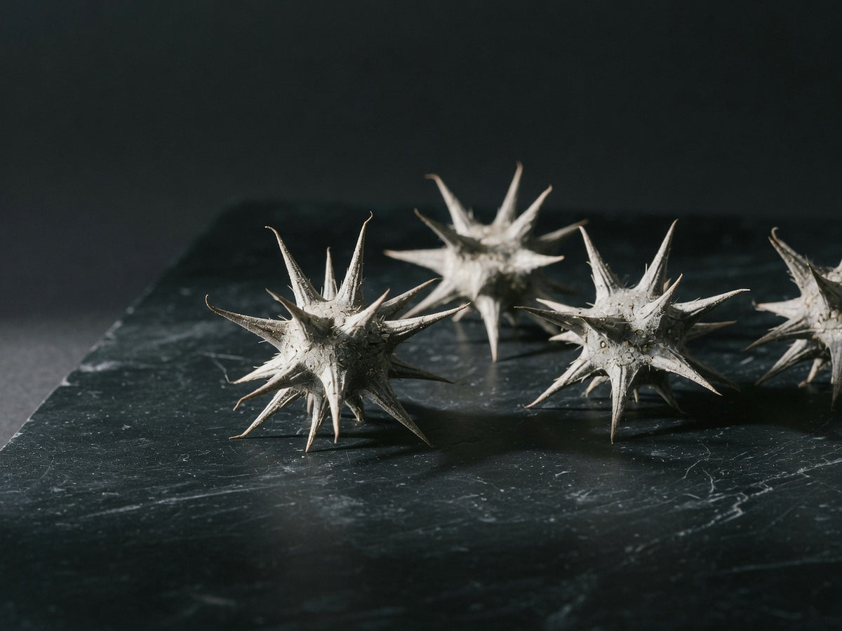 Four small woody star-shaped tribulus burrs with sharp radiating spines on black stone.
