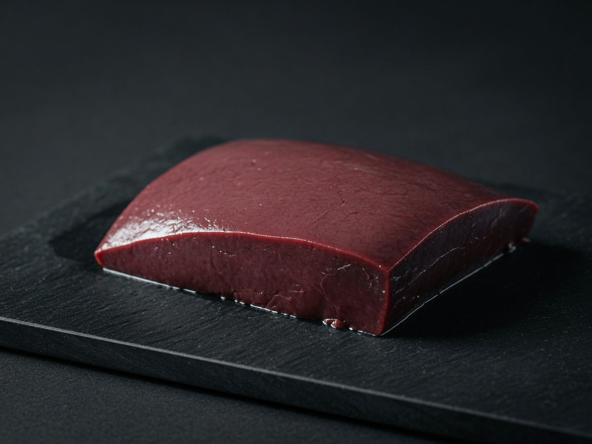 A thick slice of deep burgundy raw liver, wet and smooth, on black stone.
