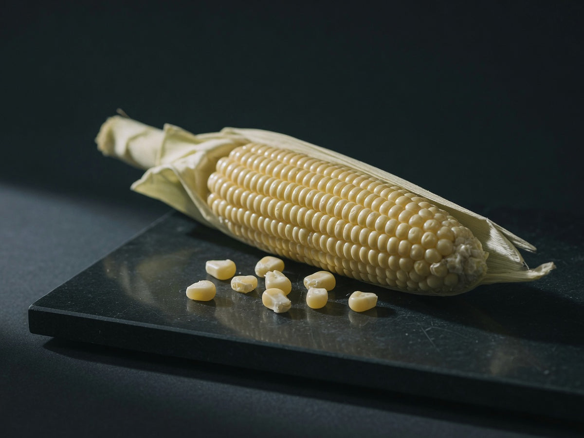 A cob of pale waxy maize, husk peeled back, with loose kernels beside it.