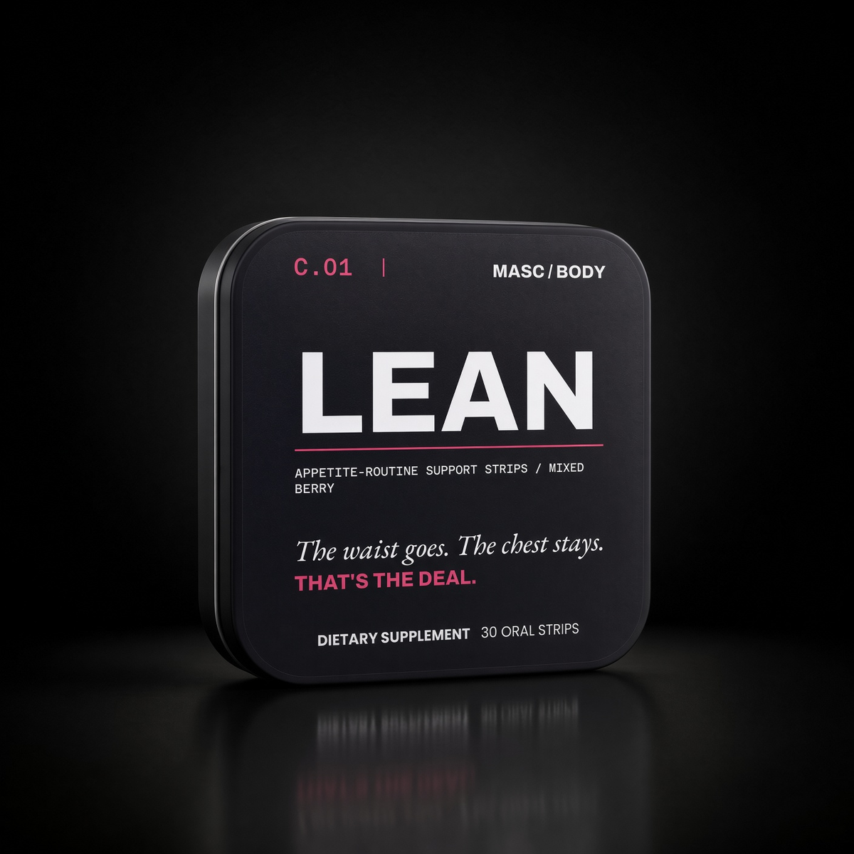 MASC/BODY LEAN appetite-routine support strips, mixed berry — black tin studio shot